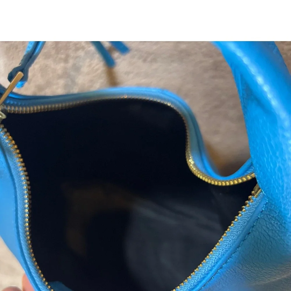 & Other Stories Blue Pebbled Leather Mini Buckle Bag Hobo Handbag Gold Hardware